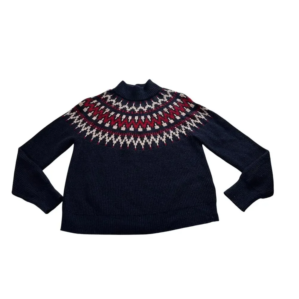 J.Crew Womens Small Fair Isle Nordic Wool Blend Ski Sweater Navy Cozy Pullover